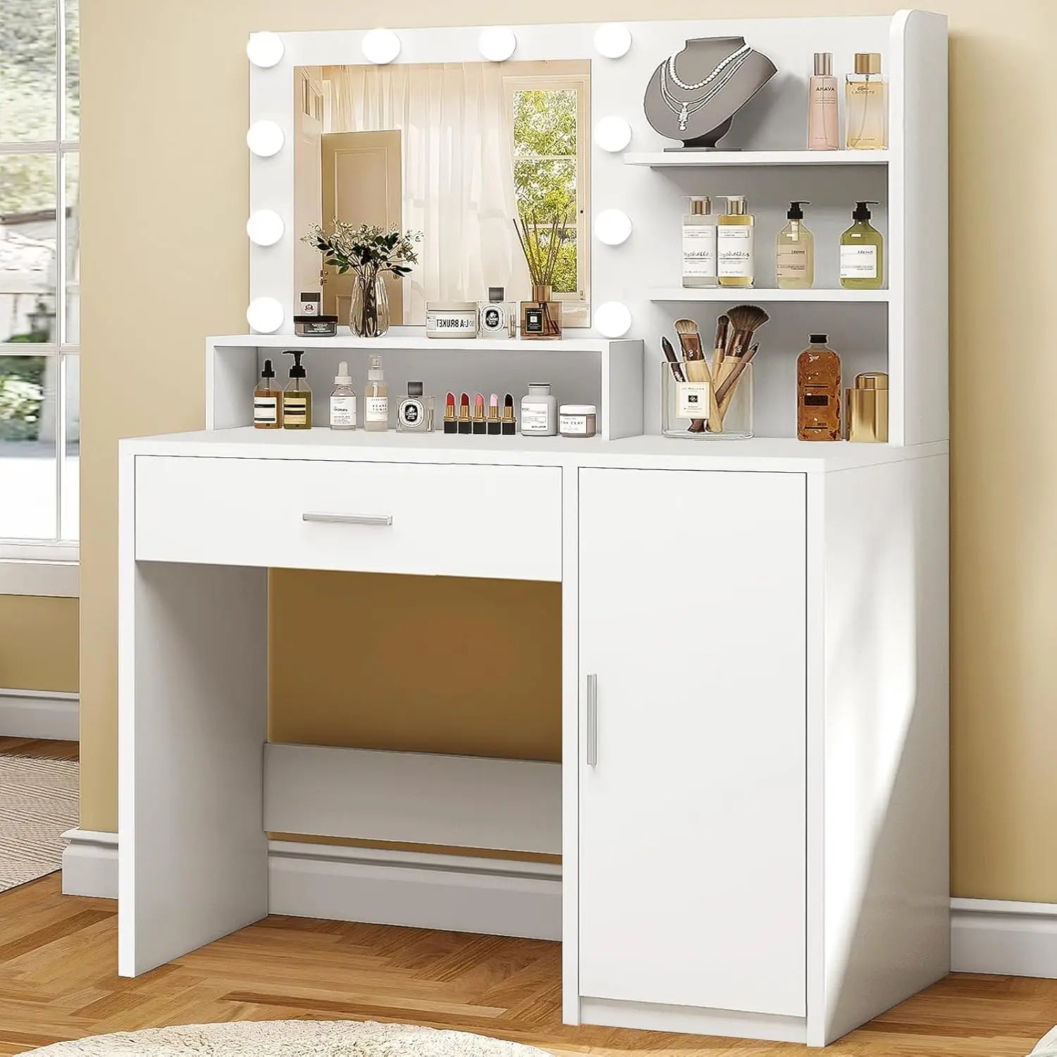 Large Vanity Desk with LED Lighted Mirror And Power Outlet Makeup Table with 7 Drawers And 4 Shelves Customizable Design
