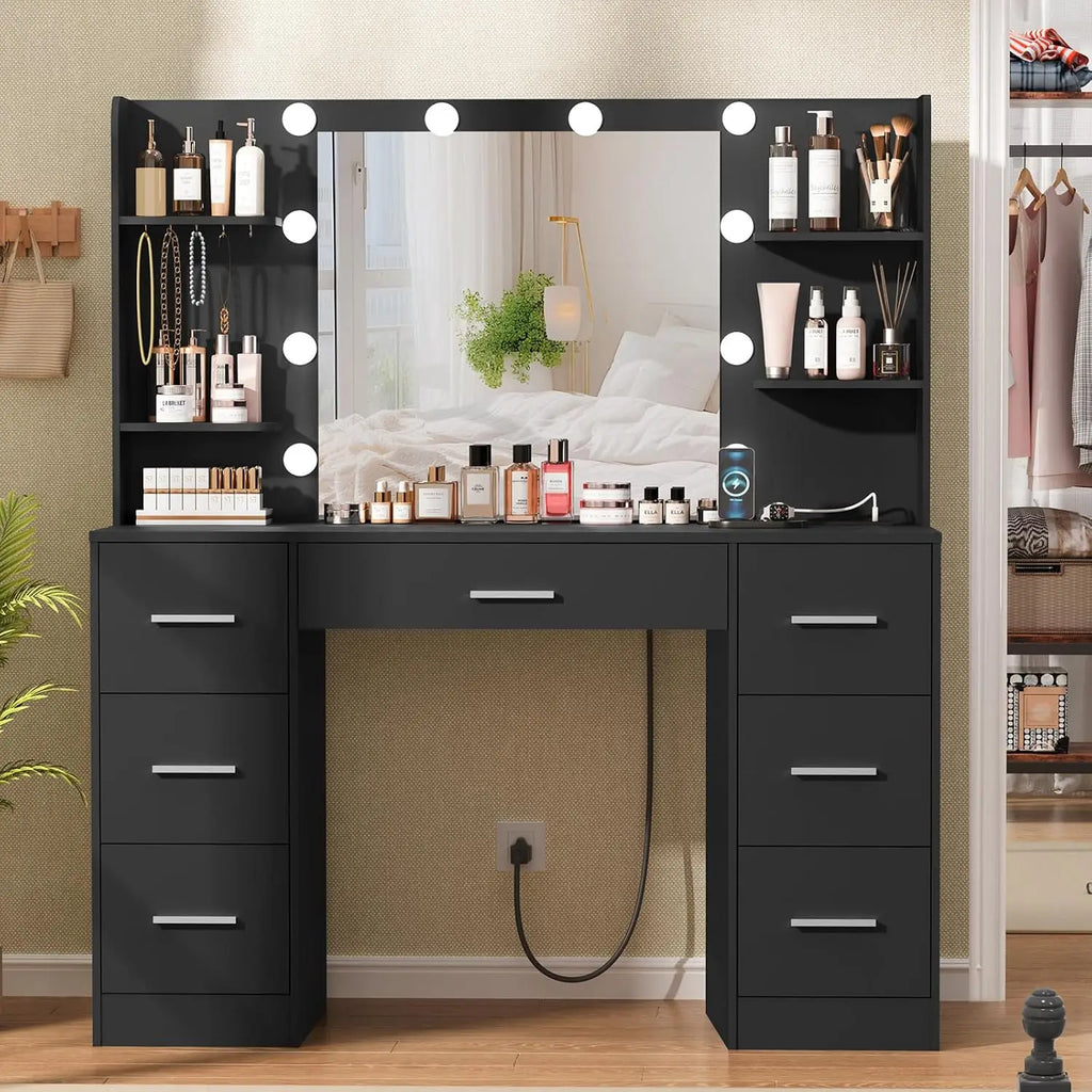 Large Vanity Desk with LED Lighted Mirror And Power Outlet Makeup Table with 7 Drawers And 4 Shelves Customizable Design
