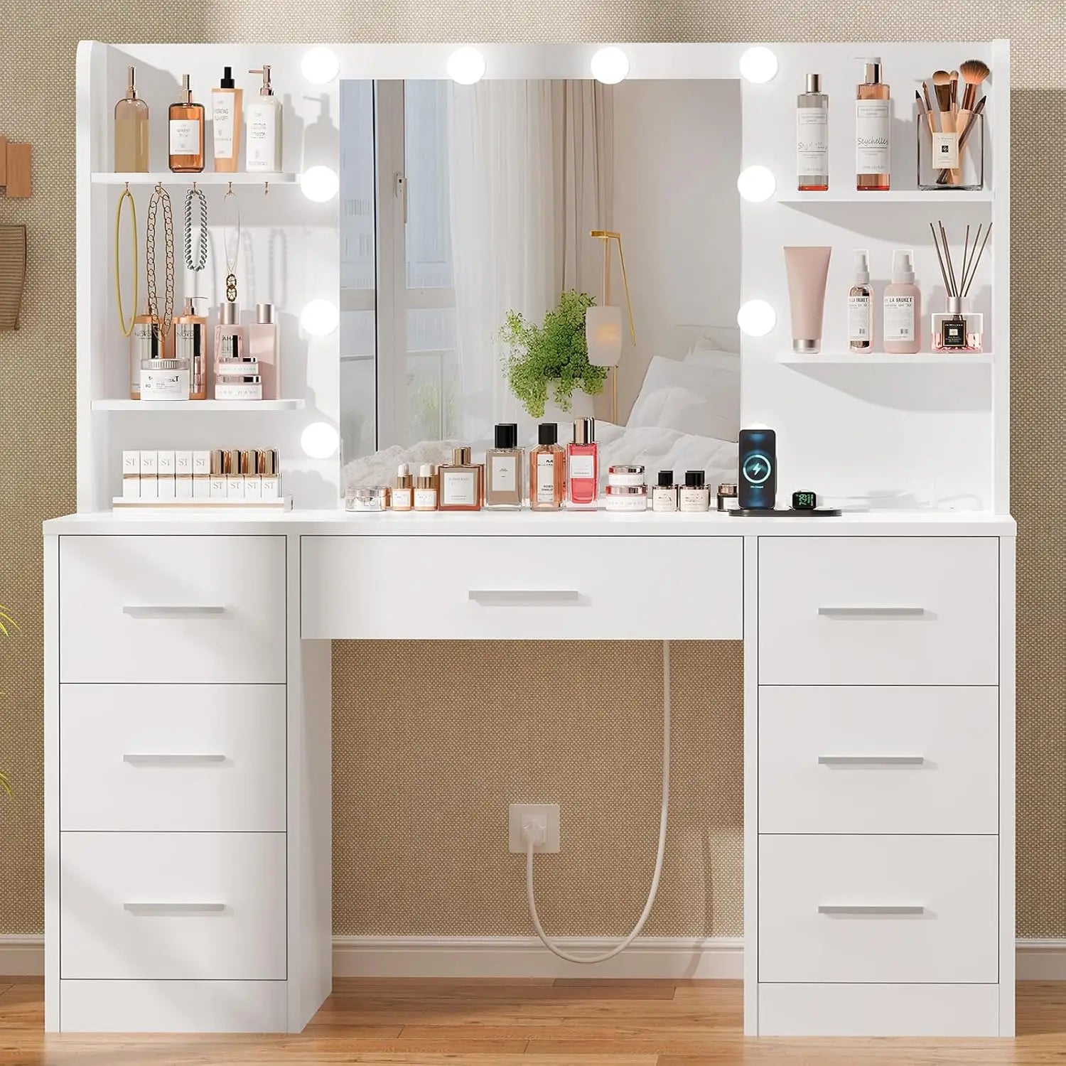 Large Vanity Desk with LED Lighted Mirror And Power Outlet Makeup Table with 7 Drawers And 4 Shelves Customizable Design
