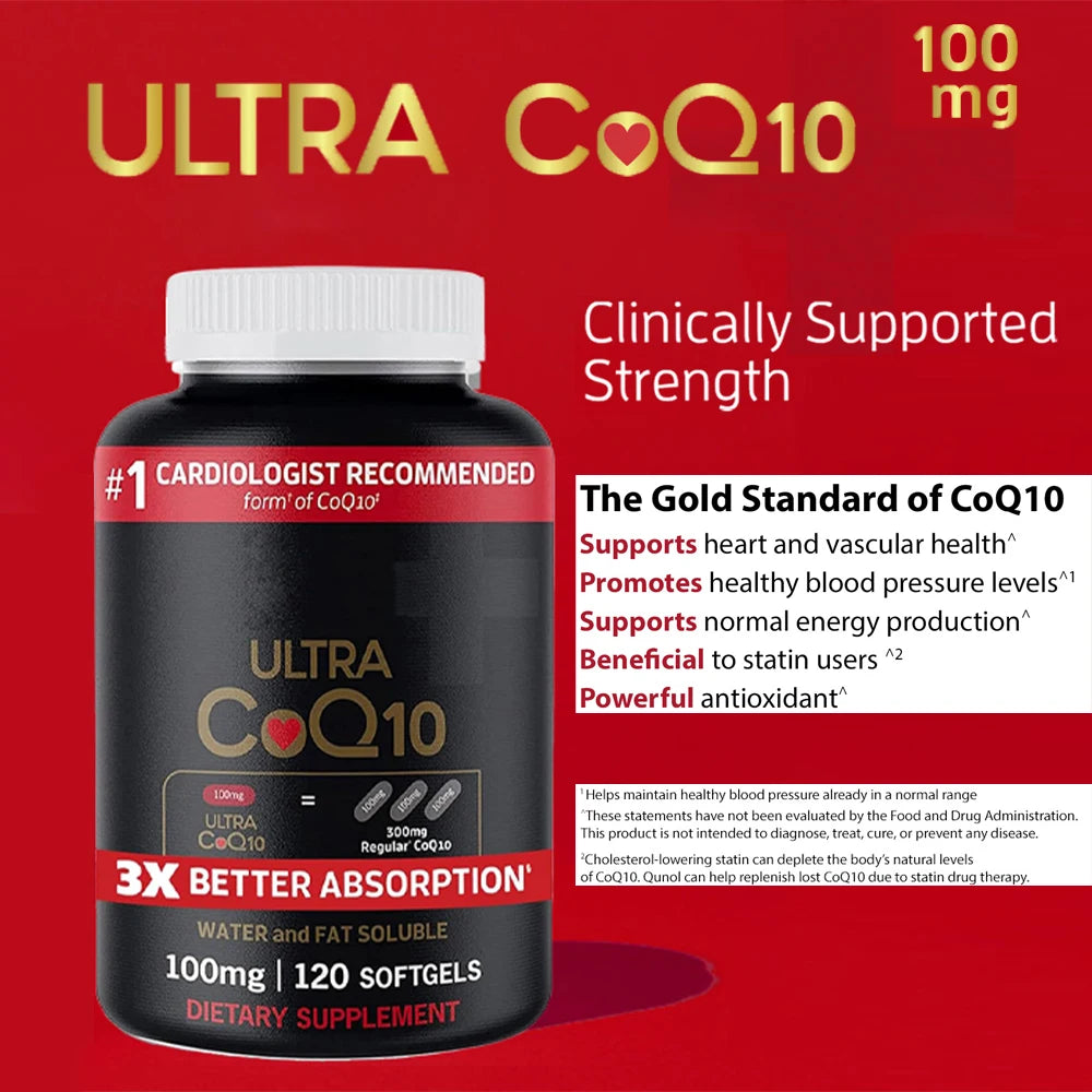 Ultra CoQ10 100mg Softgels, 3x Better Absorption, Antioxidant for Heart Health & Energy, Coenzyme Q10 Vitamins and Supplements