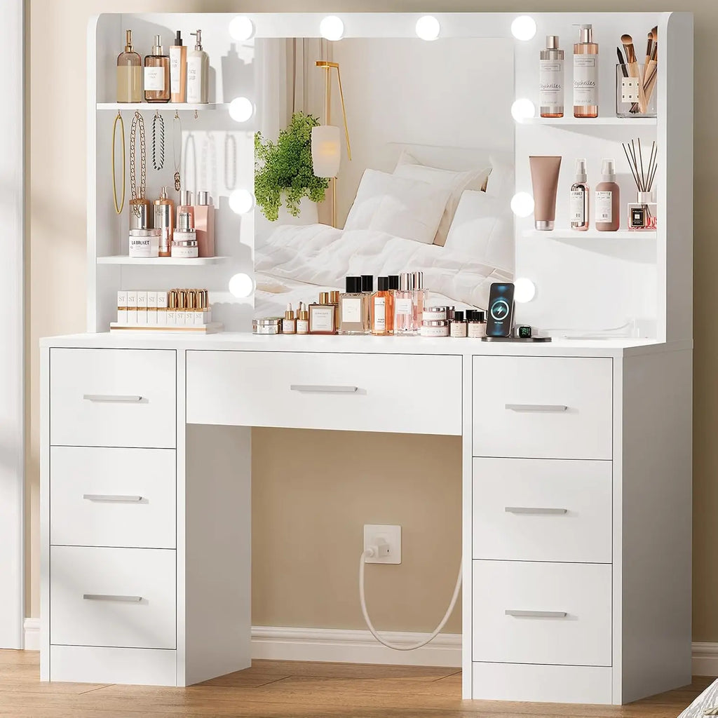 Large Vanity Desk with LED Lighted Mirror And Power Outlet Makeup Table with 7 Drawers And 4 Shelves Customizable Design