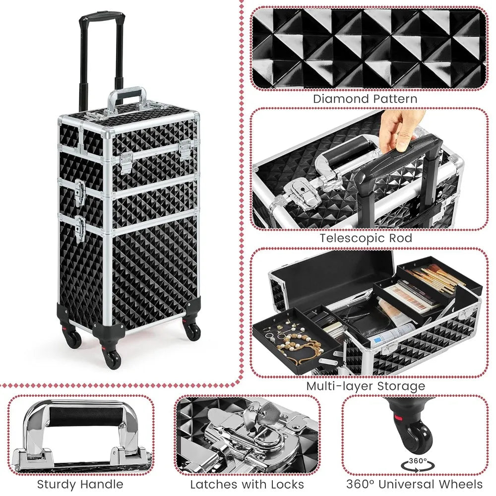 Yah Rolling Makeup Train Case 3 in 1,Large Capacity Cosmetic Organizer with Swivel Wheels for Nail Tech,Black