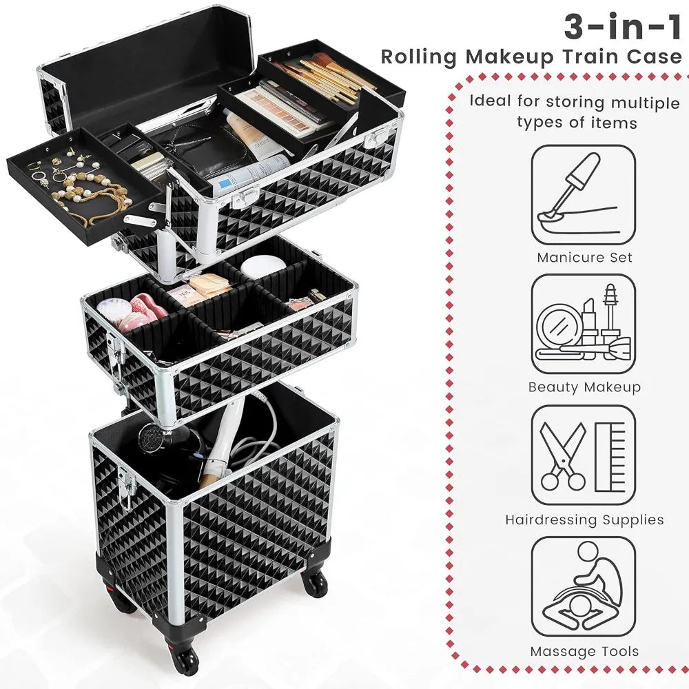 Yah Rolling Makeup Train Case 3 in 1,Large Capacity Cosmetic Organizer with Swivel Wheels for Nail Tech,Black