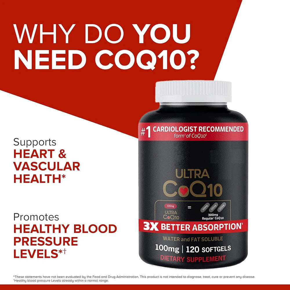 Ultra CoQ10 100mg Softgels, 3x Better Absorption, Antioxidant for Heart Health & Energy, Coenzyme Q10 Vitamins and Supplements