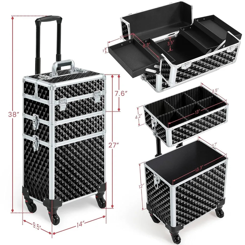 Yah Rolling Makeup Train Case 3 in 1,Large Capacity Cosmetic Organizer with Swivel Wheels for Nail Tech,Black