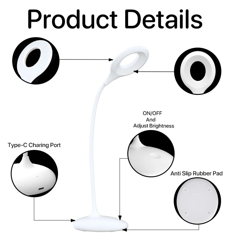 No Blue Desk Lamp 1600K 600nm Eye-Care Rechargeable Table Reading Light Touch Control Flexible Gooseneck with Standing Base