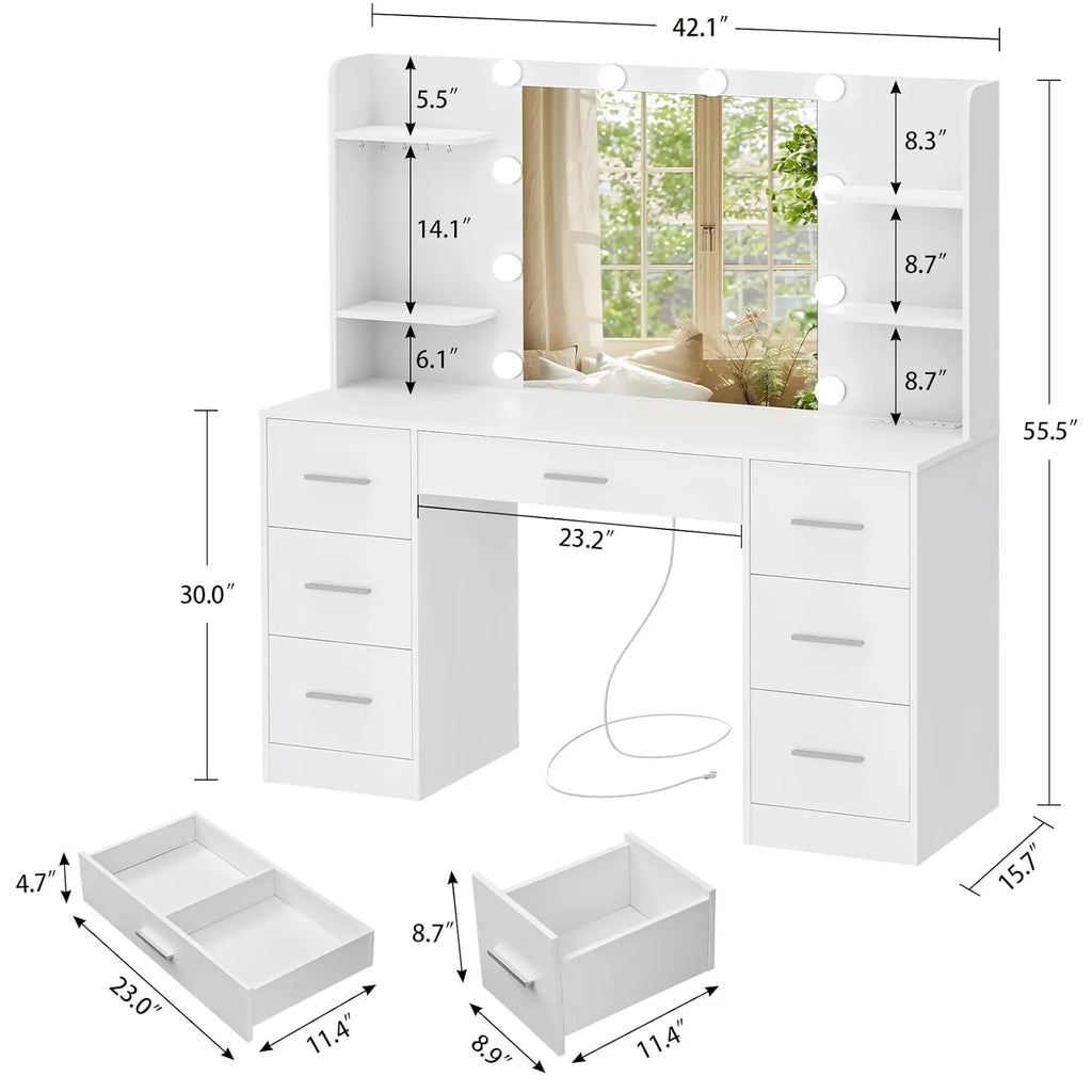 Large Vanity Desk with LED Lighted Mirror And Power Outlet Makeup Table with 7 Drawers And 4 Shelves Customizable Design