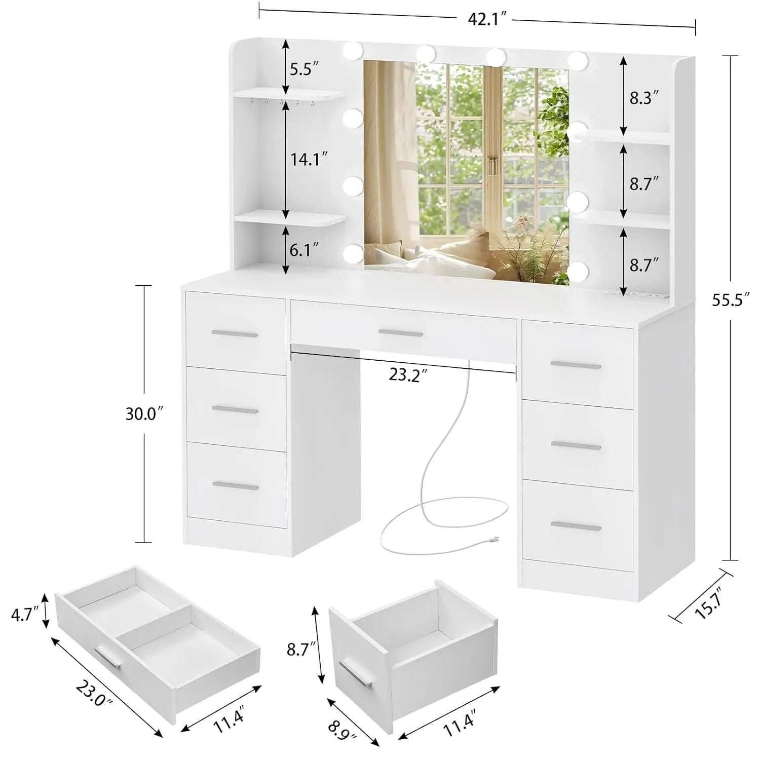 Large Vanity Desk with LED Lighted Mirror And Power Outlet Makeup Table with 7 Drawers And 4 Shelves Customizable Design