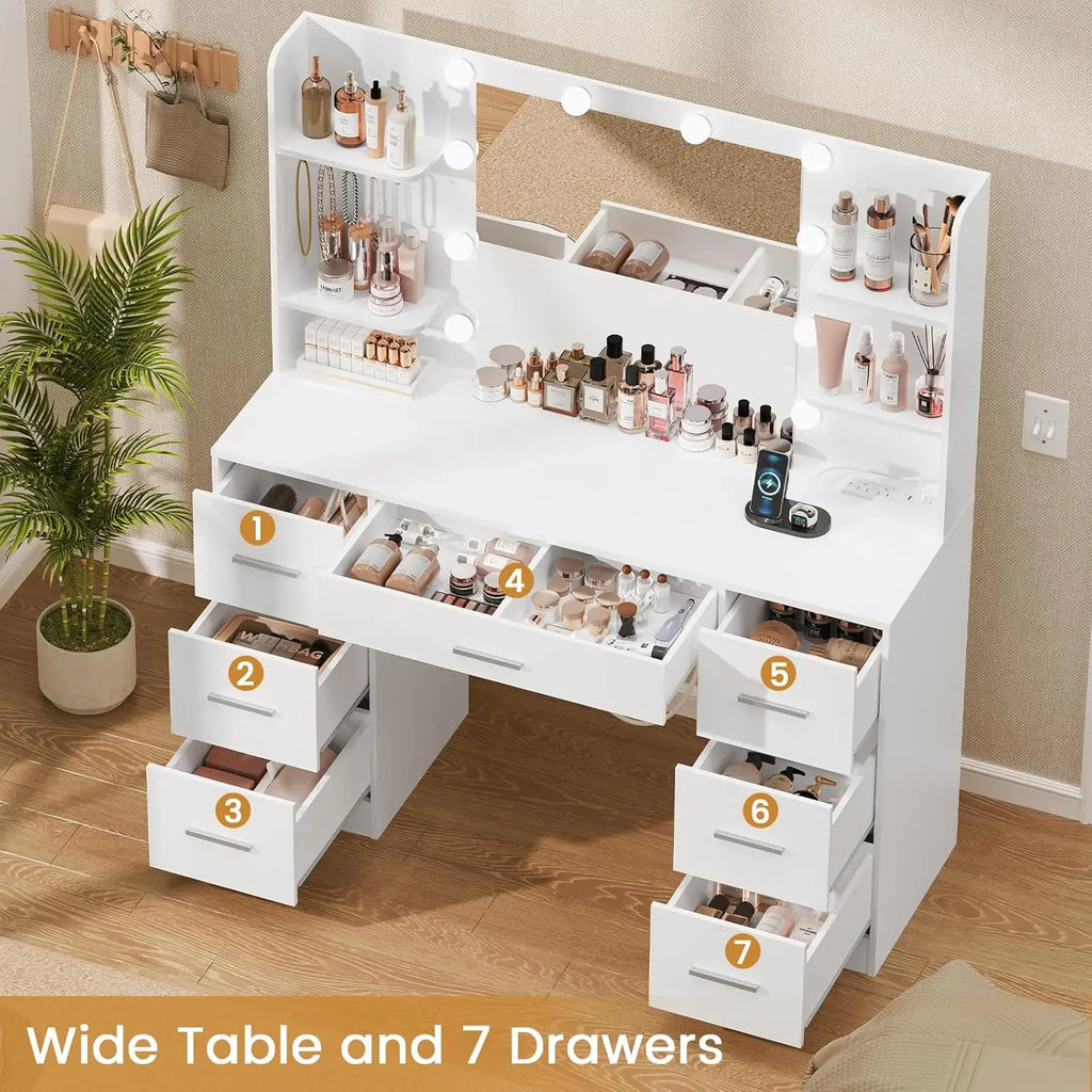 Large Vanity Desk with LED Lighted Mirror And Power Outlet Makeup Table with 7 Drawers And 4 Shelves Customizable Design
