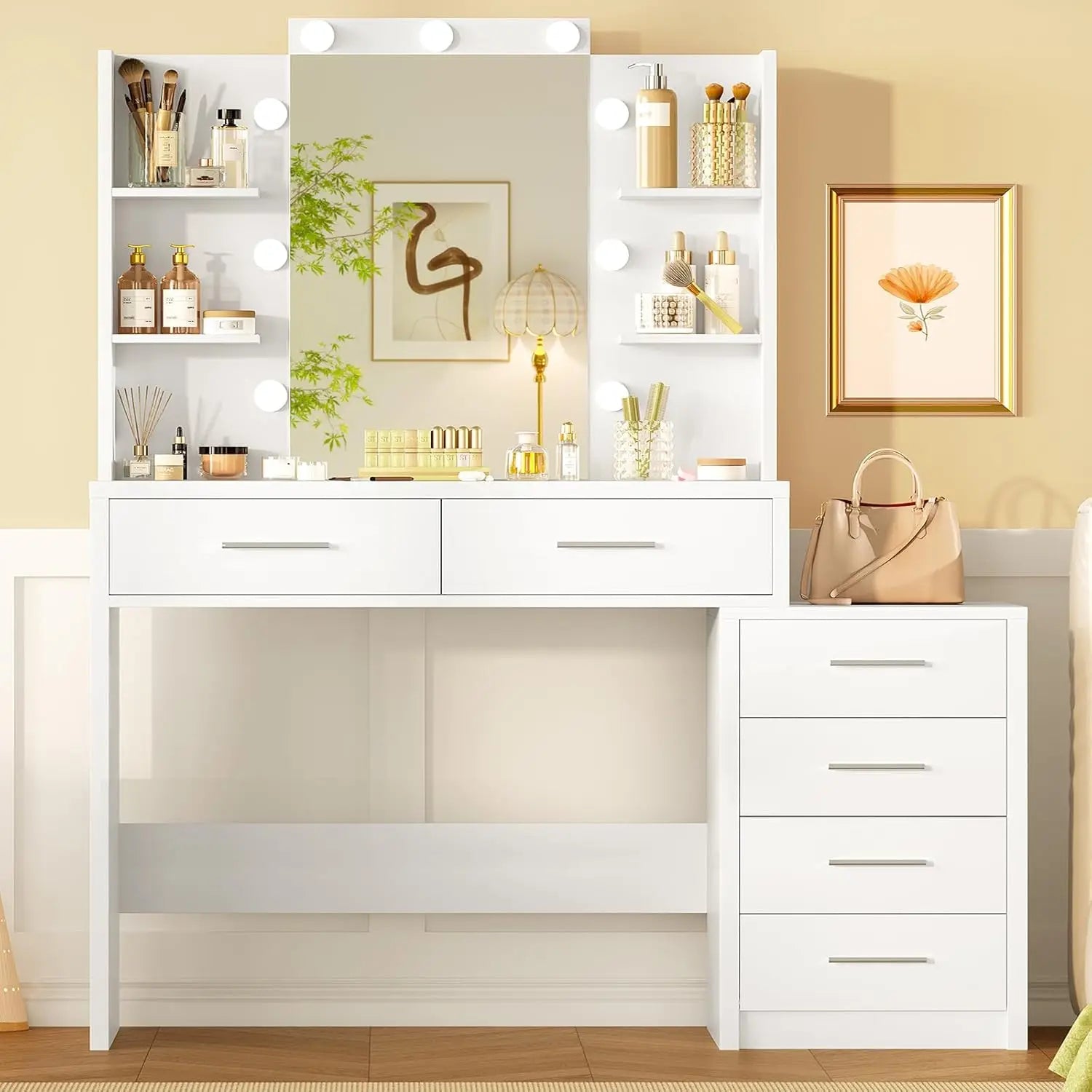 Large Vanity Desk with LED Lighted Mirror And Power Outlet Makeup Table with 7 Drawers And 4 Shelves Customizable Design