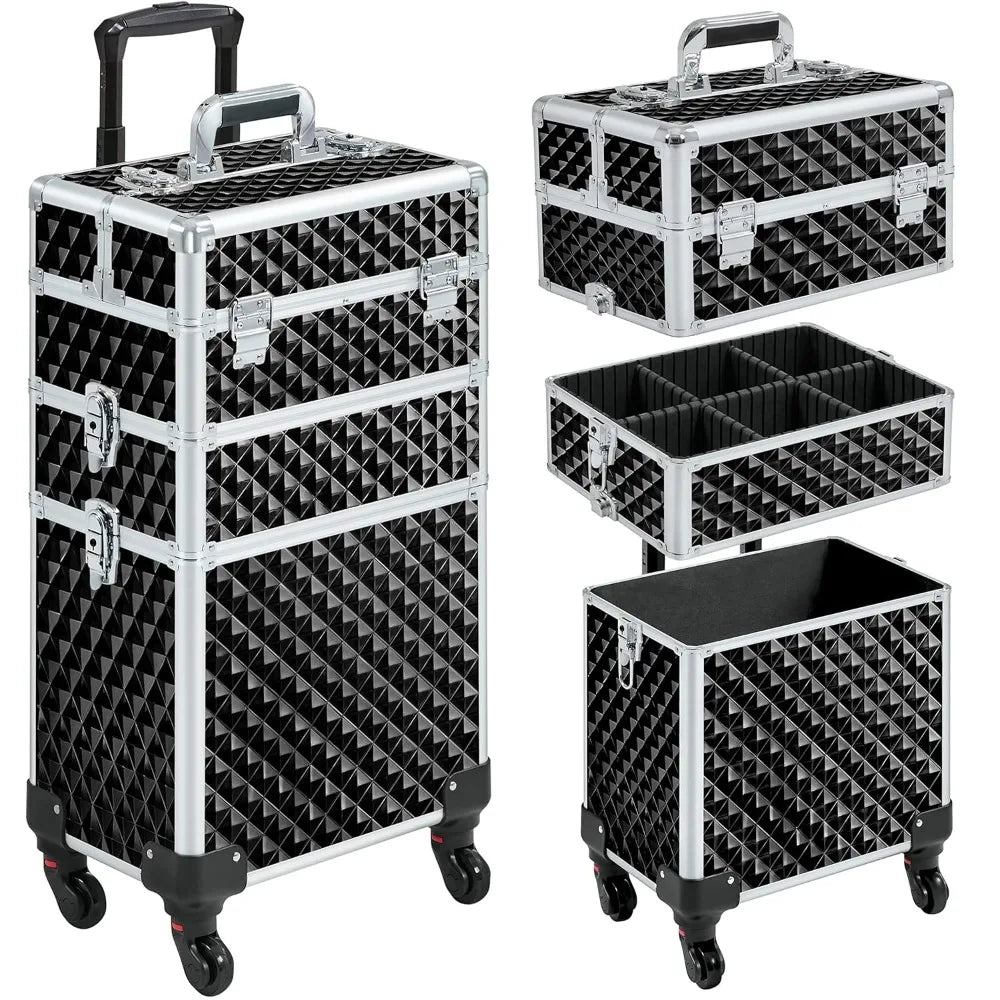 Yah Rolling Makeup Train Case 3 in 1,Large Capacity Cosmetic Organizer with Swivel Wheels for Nail Tech,Black