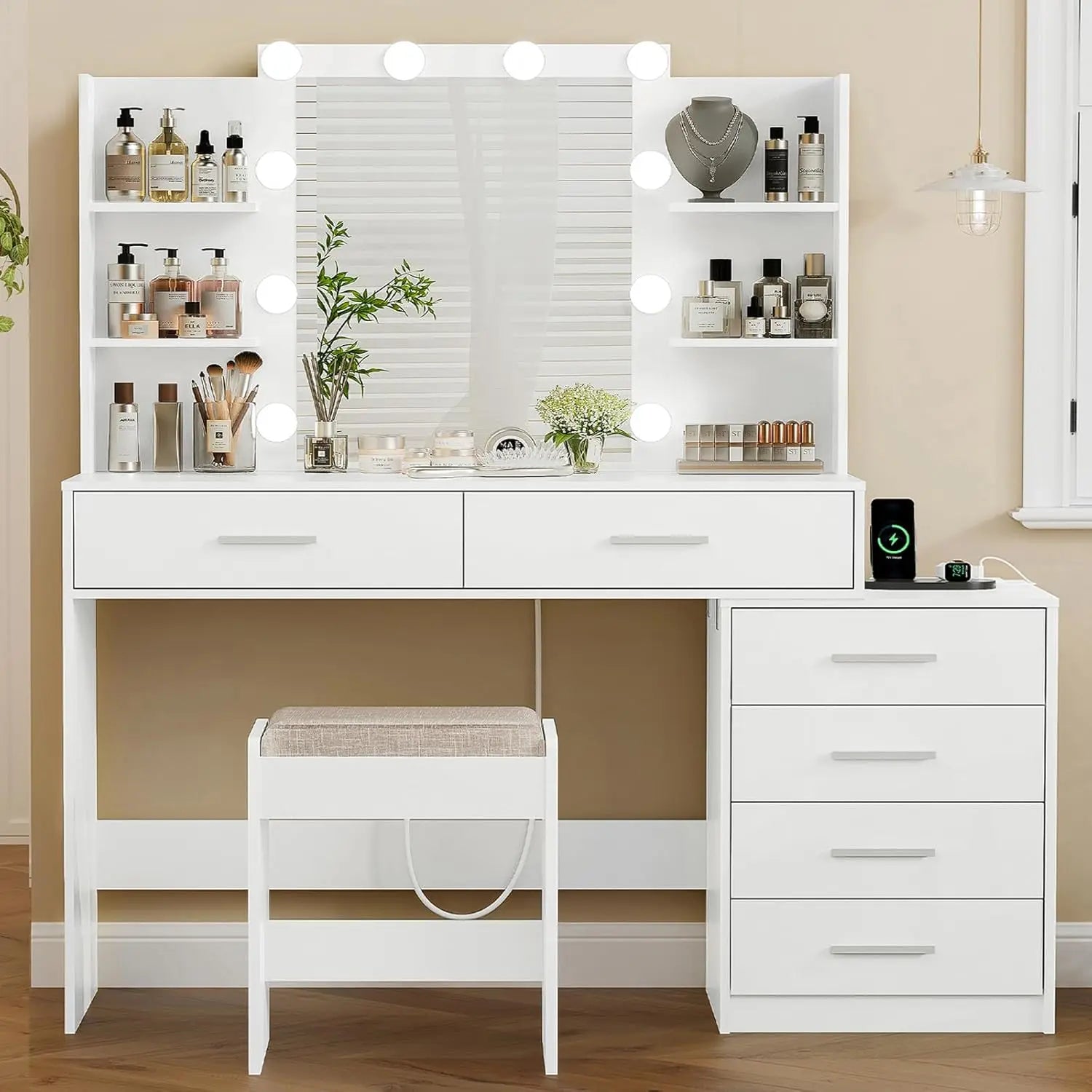 Large Vanity Desk with LED Lighted Mirror And Power Outlet Makeup Table with 7 Drawers And 4 Shelves Customizable Design