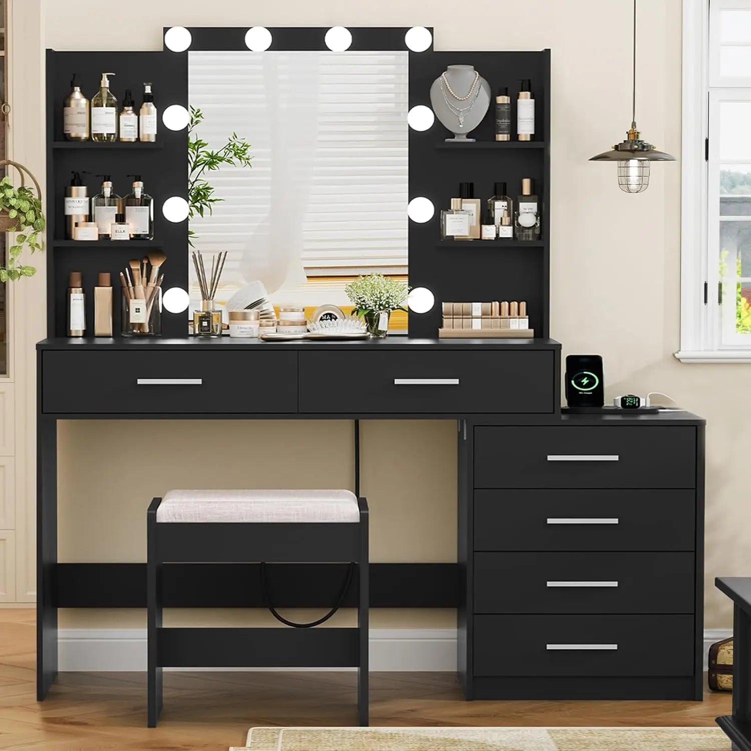 Large Vanity Desk with LED Lighted Mirror And Power Outlet Makeup Table with 7 Drawers And 4 Shelves Customizable Design