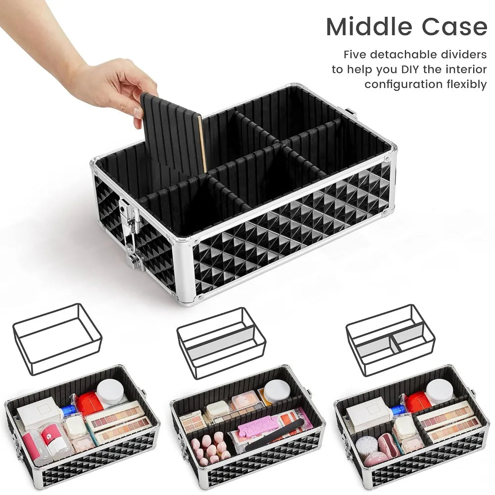 Yah Rolling Makeup Train Case 3 in 1,Large Capacity Cosmetic Organizer with Swivel Wheels for Nail Tech,Black