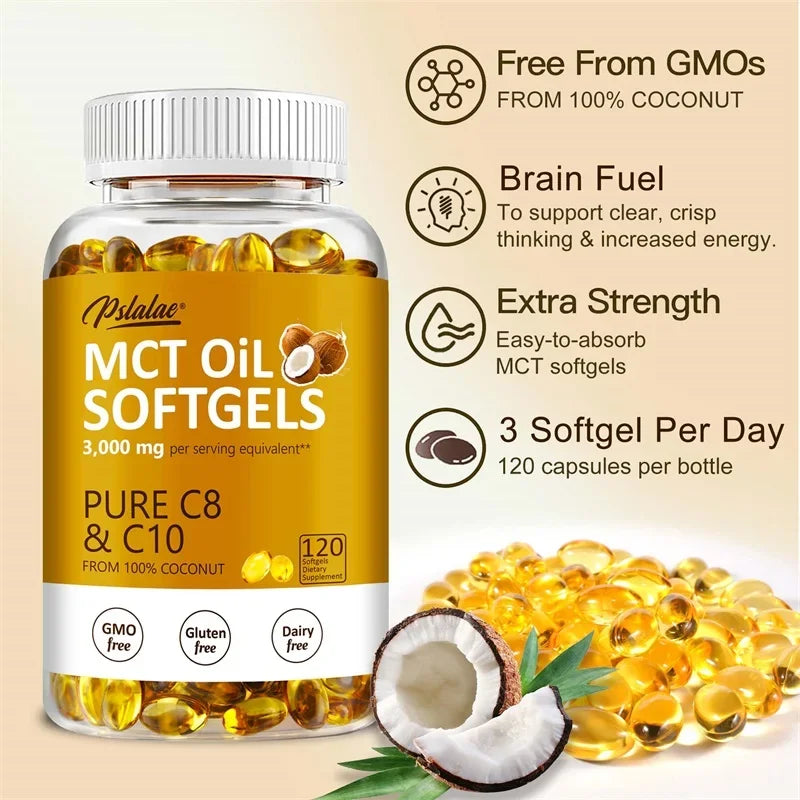 MCT Oil Softgels - Supports Energy, Focus and Mental Clarity, Weight Management, Improves Digestion, Brain Supplement