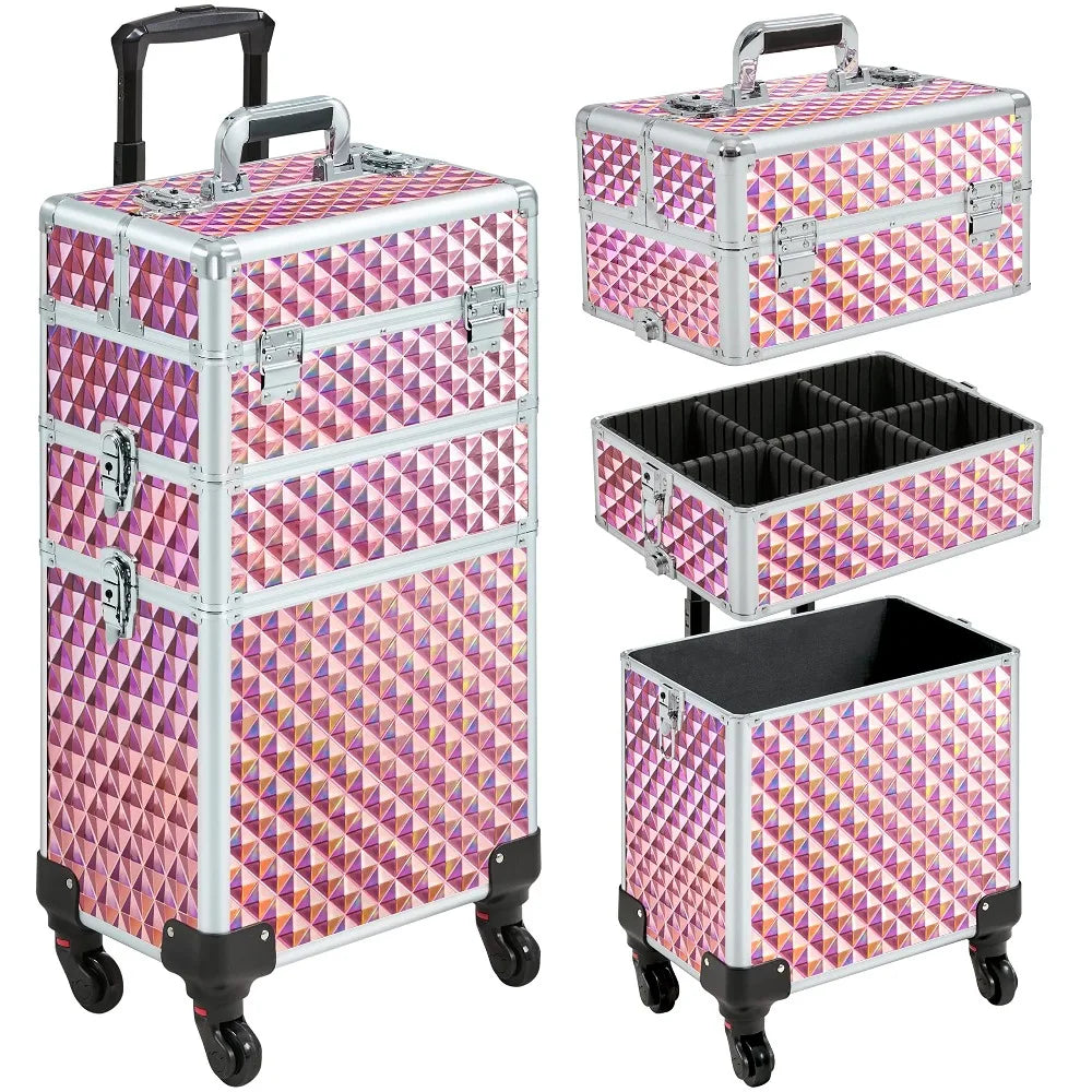 Yah Rolling Makeup Train Case 3 in 1,Large Capacity Cosmetic Organizer with Swivel Wheels for Nail Tech,Black